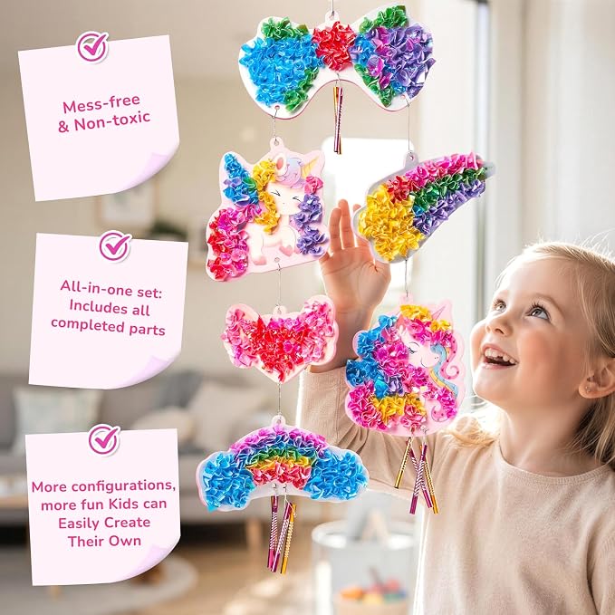JoyCat Poke Art Wind Chime Craft Kit for Kids, 6 Magical Figures | Poke colorful fabric into 6 magical figures, then add chime pieces to create hanging room decor with gentle sound.