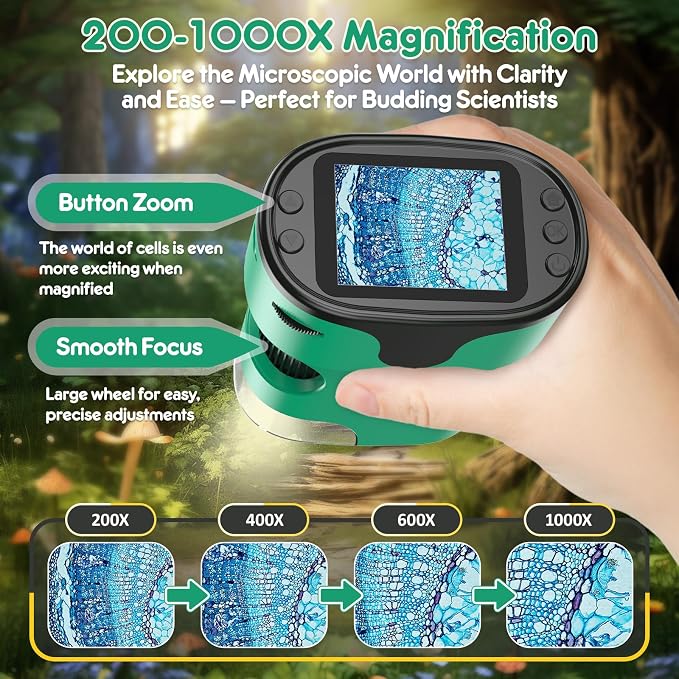 Kids Digital Microscope Science Gift: Complete STEM Toy Kit for Ages 4-12 | 32GB Card for Photos & Video / Custom EVA Case / Real Glass Slides / Upgraded 3mm Slide Slot / 2.5H Rechargeable Use