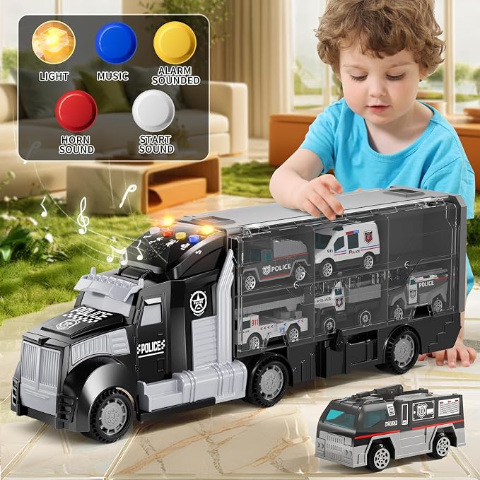 NIPLOOOW Police Trucks Toy Set with Play Mat, Carrier Truck Play Vehicles Set for 3 4 5 6 Years Old Boys Kids, Die-Cast Car Toy for Toddlers 3-4 Years, Birthday Gifts Toys for 3-9 Year Old Boys