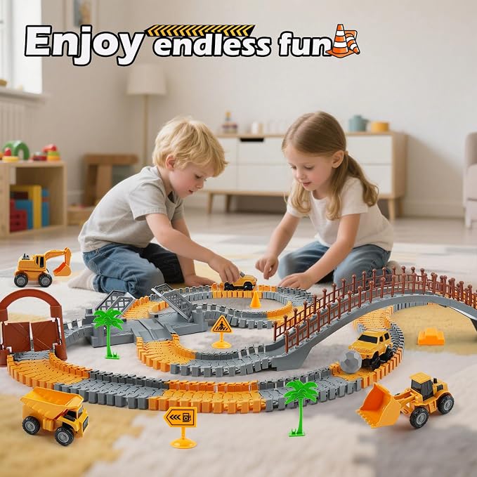 Construction Race Car Track Set for Kids - Flexible Engineering Toys with 2 Electric Cars, Birthday Gift for 3 4 5 6 7 Year Old Boys, DIY Road Games Playset with 220+ PCS