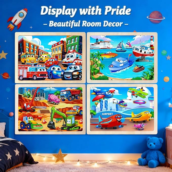 Wooden Puzzles for Kids, Jigsaw Puzzles, Vehicle Theme Educational Gifts | 100% Wooden