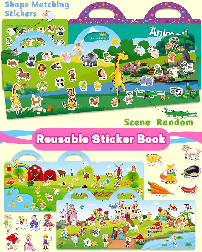 Walenced Reusable Sticker Book for Toddlers, Stickers for Kids, Toddler Toy | Toddler Craft Activities, Toddler Travel Toys, Boy Girl Birthday Gifts, Airplane Travel & Road Trip Essentials Kids
