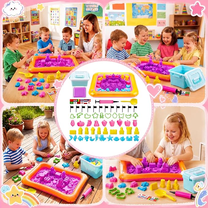 Teyva Daily 59 Pcs Sensory Bin Sand Kit with 2.2lbs Purple Moldable Play Sand, Inflatable Tray, Lidded Storage Box, Castle Ocean Animal Fruit Molds, Flags and Pump for Kids Toddler Ages 4-6