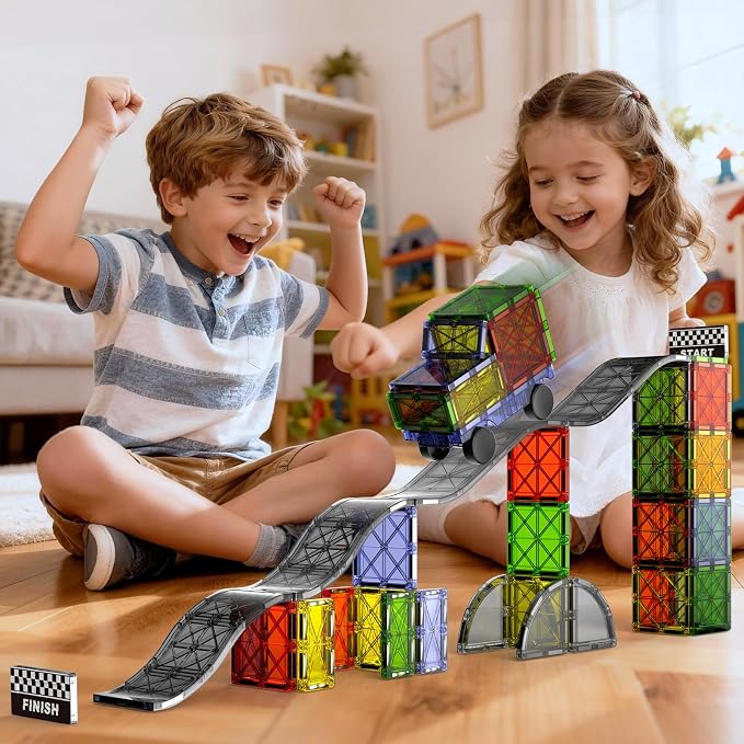 Magnetic Downhill Racer Track: 40pc Blocks Set w Car, STEM Toy 3-8 | Reinforced Tracks + Magnetic Car, STEM Montessori Toy, Safe ABS, Gift for Boys & Girls 3-8, Compatible w Major Brands