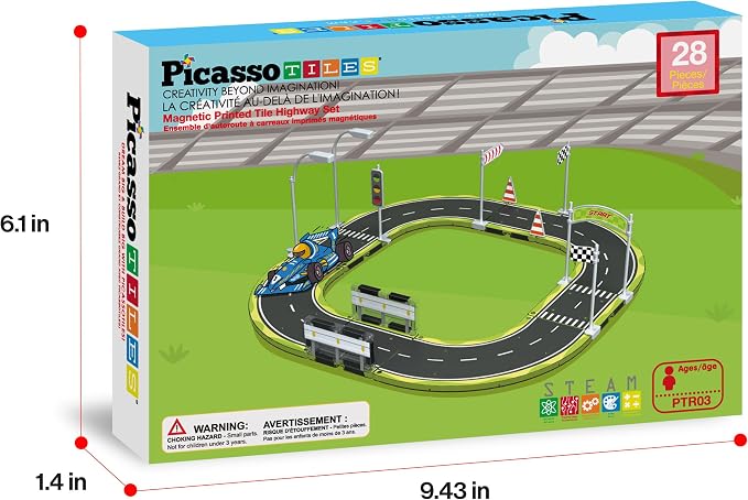 PicassoTiles Magnet Tile Building Block Construction Toy Set Street Sign Traffic Kit Highway Road Race Track with Bumper Barricade Accessory Sticker Education Magnetic Tiles Kids Age 3+ PTR03