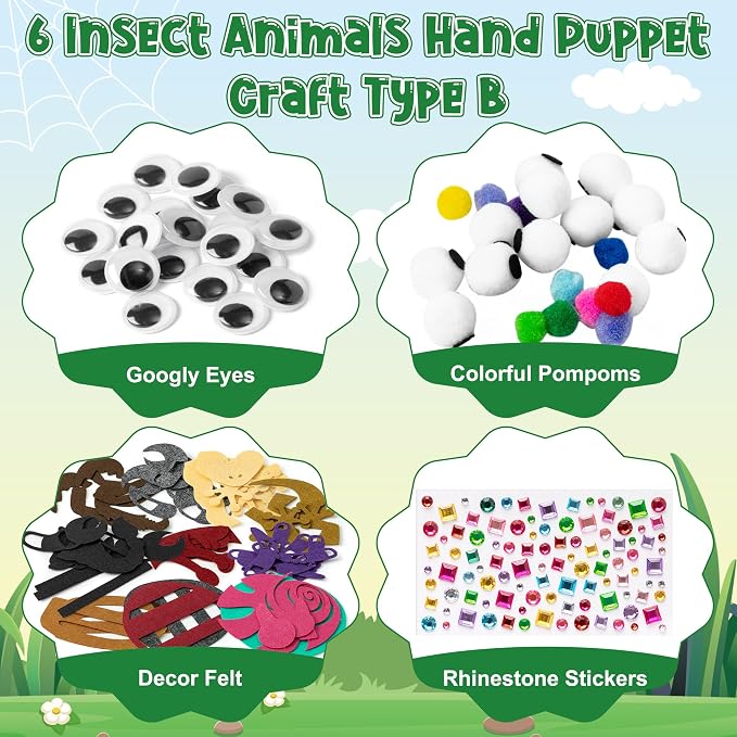 WATINC Hand Puppet Making Kit, Felt Sock Puppet Toys for Kids (Insect B) | 6 Styles, Make Your Own Storytelling & Role Play Crafts, Creative Group Activity, Party Favors & Gifts for Kids Ages 4-8