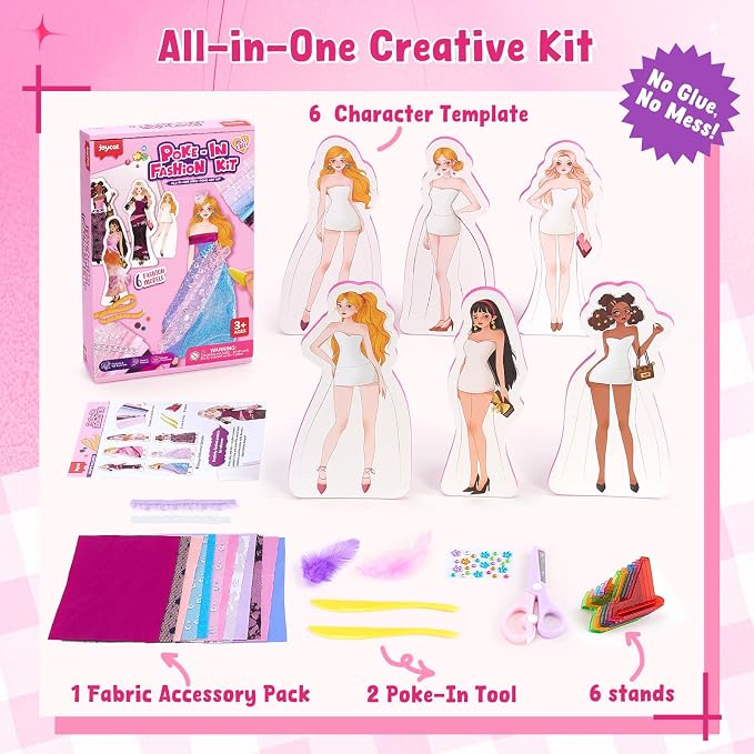 JoyCat Fashion Design Poke Art Kit for Girls, 6 No-Sew Mannequins | A hands-on alternative to paper dolls and fashion plates: cut real fabric and poke it into 6 reusable EVA mannequins.