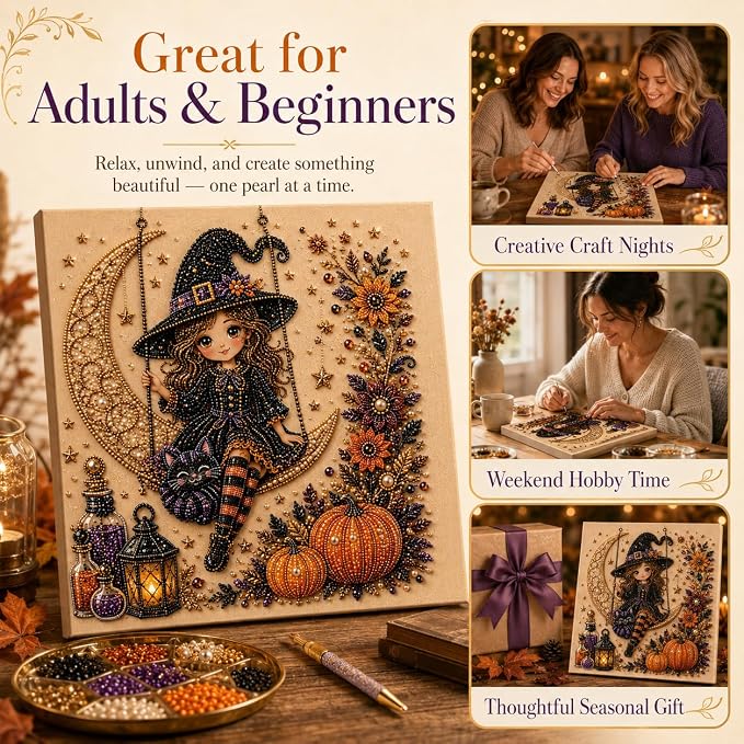 Halloween Pearl Art Kit for Adults, DIY Fall Craft (Witch) | Create textured Halloween decor through a screen-free, beginner-friendly craft activity.