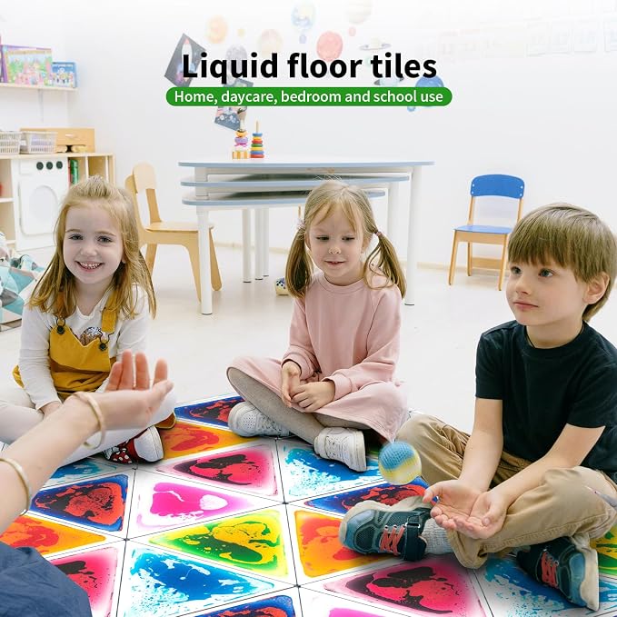 LONGKING 6-Sheet Liquid Triangle Sensory Tiles, Colorful Floor Tile for Play Centers, Playroom, Lava Tiles, 12.7" x 14.7" | Sensory floor tiles, soft liquid gel, 12.7"x14.7", color movement play mat, playroom classroom daycare, 6-sheet