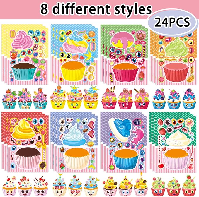 24 Sheets Make a Face Cupcake Stickers for Kids Party Favors | Make Your Own Dessert Stickers Birthday Decorations Supplies, Toddlers Crafts Activities Gifts Goodie Bags Stuffers