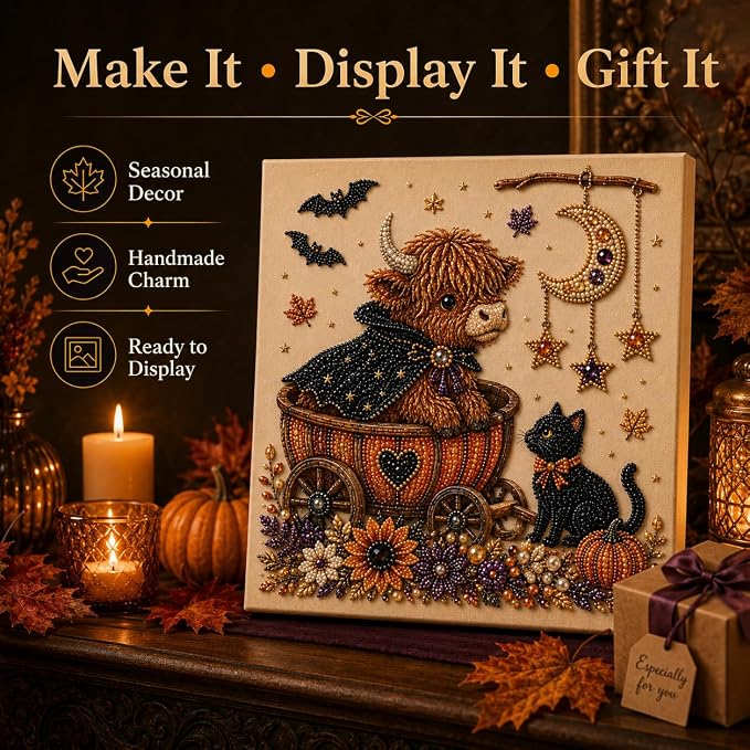 Halloween Pearl Art Kit for Adults, DIY Fall Craft (Cow) | Create textured Halloween decor through a screen-free, beginner-friendly craft activity.