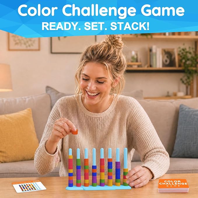 LLESSOO 1 Pack Color Challenge Game – Solo Play Color Matching Puzzle Game, Fun Board Game for Kids 6-8-12, Adults, Party & Family Game Night, Stacking Game with 1 Stack Rack, 100 Cards, 60 Rings