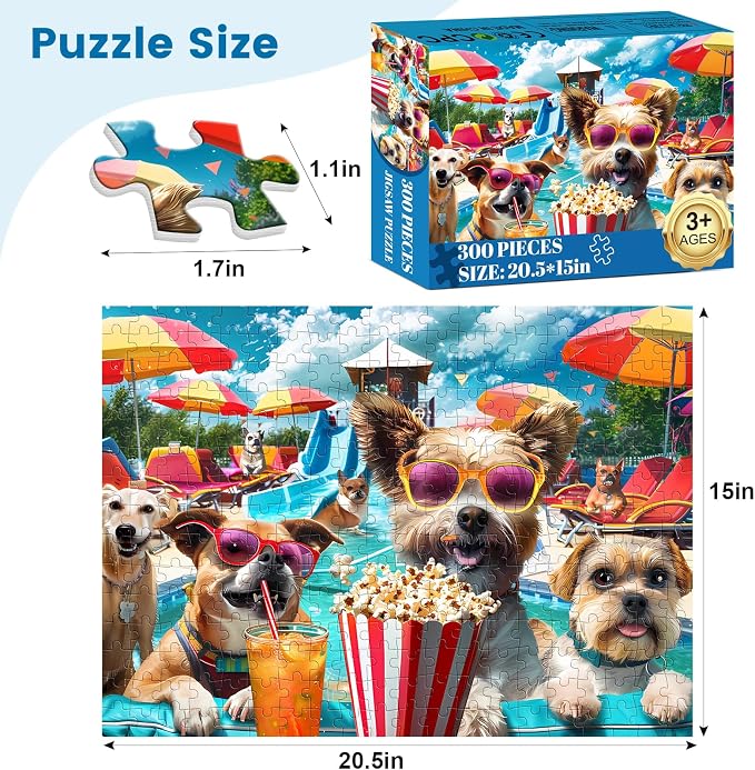 300 Piece Jigsaw Puzzle for Adults, Fun at The Amusement Park Dog Puzzles | Funny Puppy Jigsaw Puzzles, Animal Pet Lover Challenging Puzzles for Friends Family Activity Game Nights Gifts