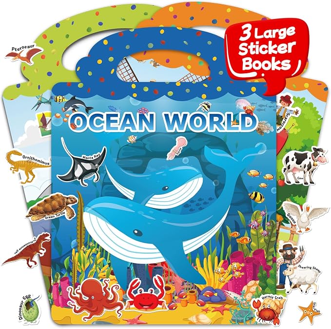 Reusable Jelly Sticker Books, Large Sticker Books for Toddlers, Stickers for Kids, Travel Toys for Children 3-6, Toddler Craft Activities, Birthday Gifts for Boys & Girls