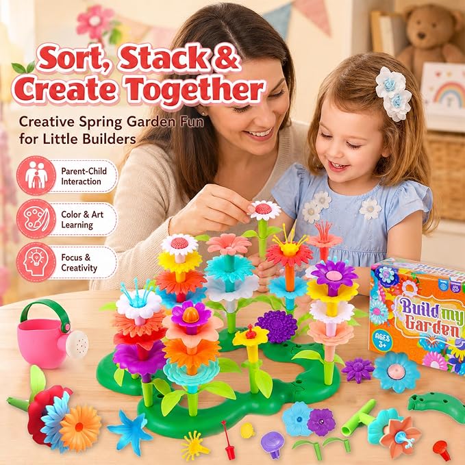FUNZBO Flower Garden Building Toys Set - STEM Montessori Toys for Girls | Birthday Gifts for Age 3 4 5 6 7 8 9-12 Years Old Girl, Sorting & Stacking Spring Gardening Toy for Kids