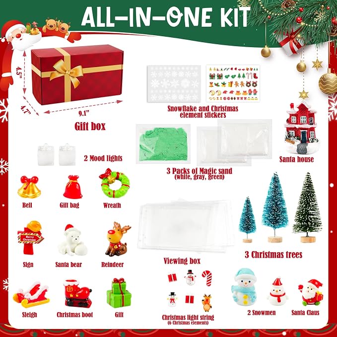 Christmas Sensory Bin for Kids Christmas Decorations, Christmas DIY Decoration Art Kit for Kids with Sandbox, Castle, Christmas Tree, 3 Color Sand Gift Birthday Gift for Children Ages 3+