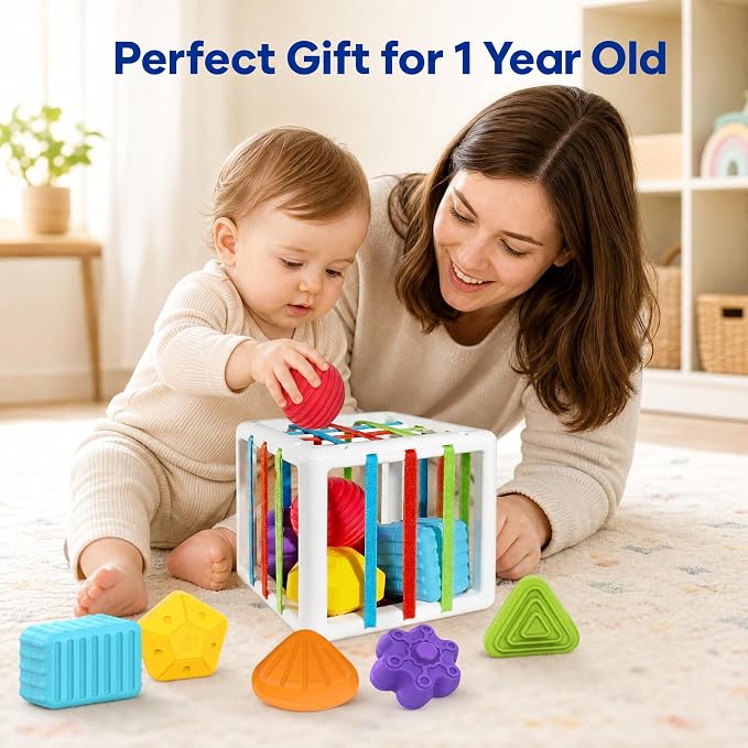 Montessori Toys for 1 Year Old - 6 Pc Shape Sorter Activity Cube | Toddler Learning Toy, Developmental Skills, 12 Months & Up, 1st Birthday Gift for Toddlers 1-3