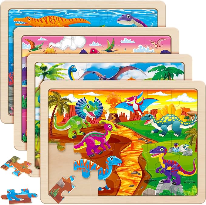 SYNARRY Large Dinosaur Wooden Puzzles for Kids Ages 4-6, 4-in-1 Gift Set | Dinosaur Puzzles for Toddlers & Kids Ages 3-5, Birthday Gifts for Boys & Girls, Educational Dinosaur Toys, Screen-Free Play