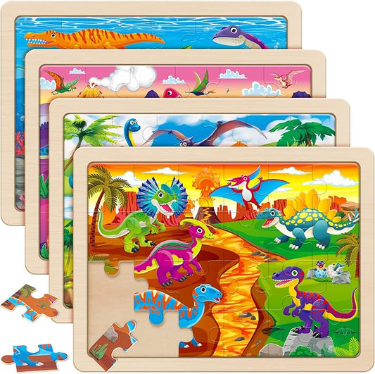 SYNARRY Large Dinosaur Wooden Puzzles for Kids Ages 4-6, 4-in-1 Gift Set | Dinosaur Puzzles for Toddlers & Kids Ages 3-5, Birthday Gifts for Boys & Girls, Educational Dinosaur Toys, Screen-Free Play