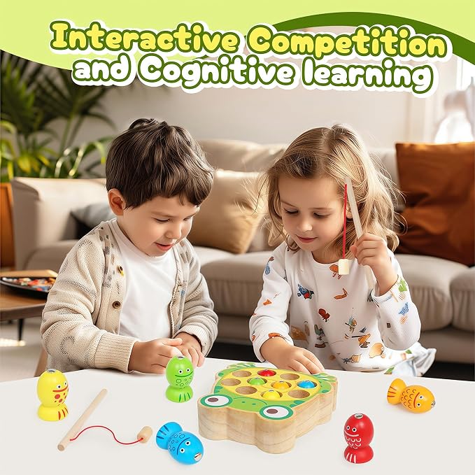 Wooden Fishing Games for Kids 3+,Montessori Magnetic Toys Early Fine Motor Skills Learning Color Sorting & Hand-Eye Coordination Magnet Game Easter Basket Stuffers for Kids Boys Grils