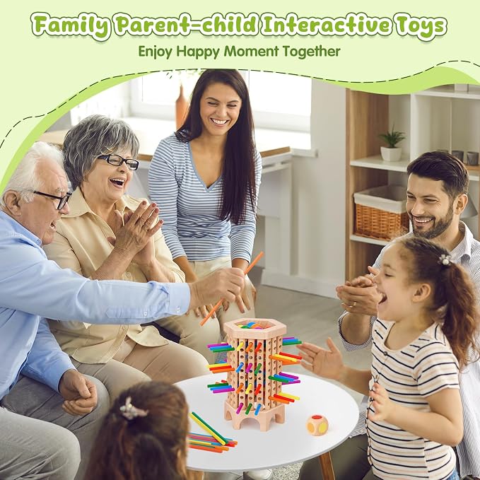 Montessori Game Wooden Board Game, 36 Colorful Wooden Sticks Dice Game | Math Educational Toy for 3 4 5 6 Year Olds, Fine Motor Skills Toy Classic Tower Game for Family Night Gift for Boys Girls