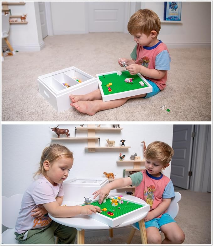 UTEX Buildable Cubby Storage with Baseplate Lid Compatible with Lego | Wooden Building Blocks Organizer, 3 Removable Sorting Compartments, Compact & Portable, Bricks Storage Box, White