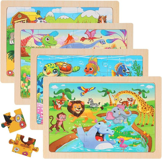 Puzzles for Kids Ages 4-6, 4-Pack 24-Piece Wooden Kids Puzzles | Animal, Dinosaur, Ocean & Farm Themes | Educational Puzzles for Kids Ages 3-5, Age-Appropriate Learning Toys, Ages 3+