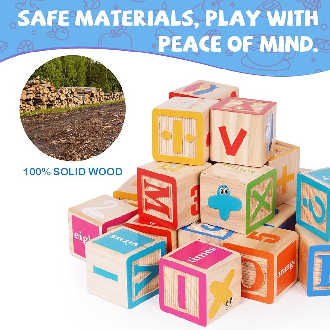 ABC Wooden Building Blocks for Toddlers, Montessori Alphabet & Number Learning Toy for Kid, 36 PCS Preschool Stacking Blocks with Matching Cards for Spelling, Counting, Sorting, Fine Motor Skills