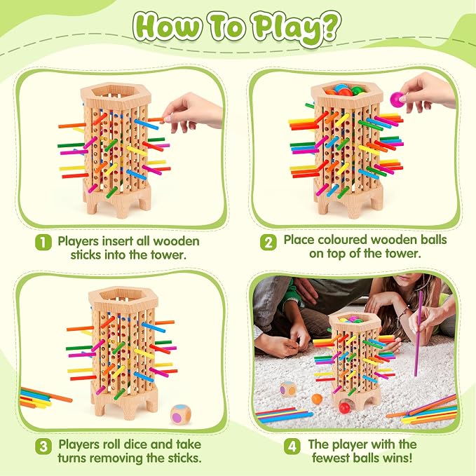 Montessori Game Wooden Board Game, 36 Colorful Wooden Sticks Dice Game | Math Educational Toy for 3 4 5 6 Year Olds, Fine Motor Skills Toy Classic Tower Game for Family Night Gift for Boys Girls