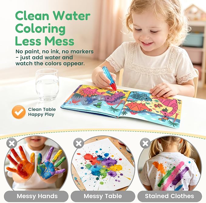 JoyCat Paint with Water Coloring Book for Toddlers, Reusable (Dinosaur) | Water Coloring Books with Water Pens, No Mess Travel Toy for Kids to Develop Creativity,Educational Learning Kits Gifts