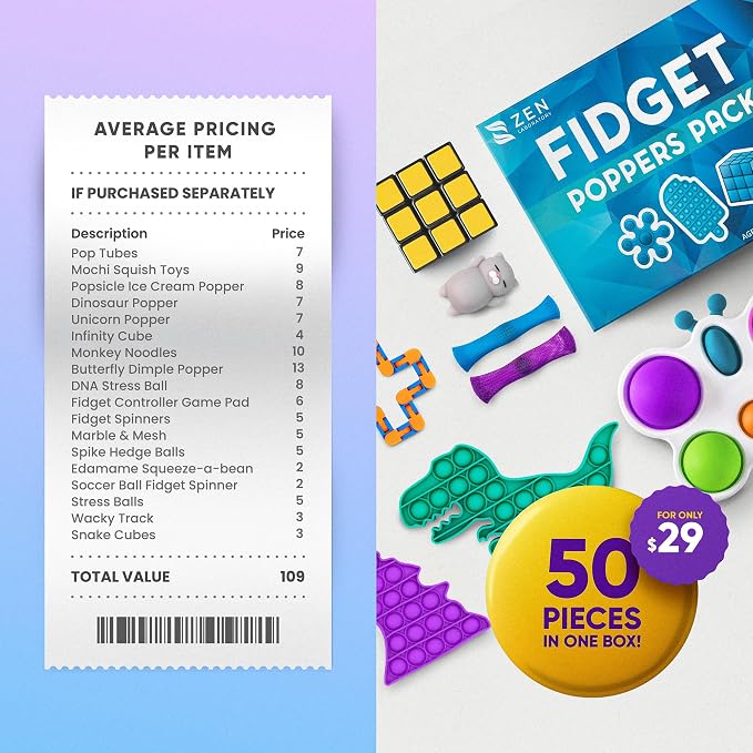Fidget Poppers Pack – 50 Pcs Fidget Toys, Party Favors for Kids 8-12, Stocking Stuffers, Bulk Sensory Toys for Classroom Treasure Box Prizes, Goodie Bags, Birthday Gifts (Pack of 3)