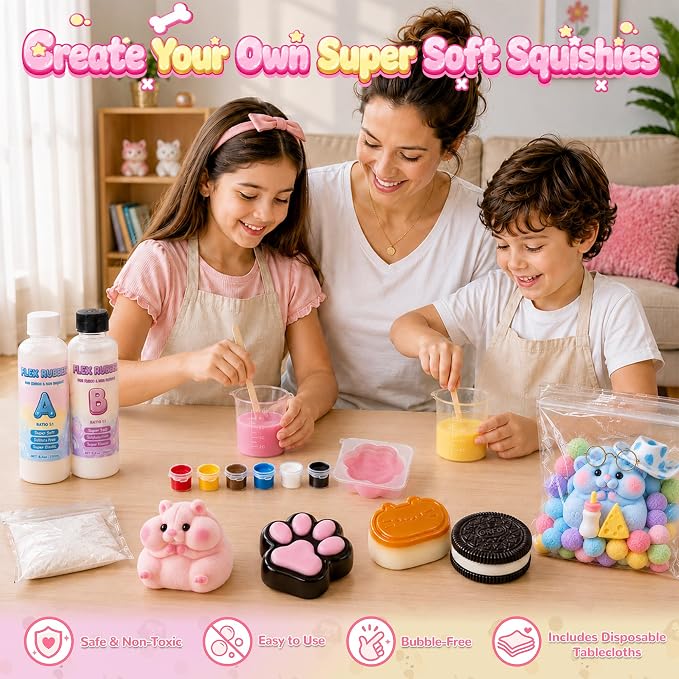 Funewest DIY Taba Squishy Making Kit for Kids, Make Your Own Squishies | Beginner-Friendly Flex Rubber Craft Kit, 16oz Liquid Silicone and 6 Mold, Sensory Squishy Fun, Gift for Girls Boys Ages 8-12