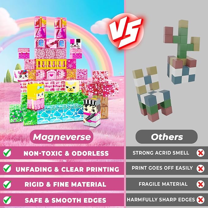 Magnetic Blocks - 100 PCS Transparent Magnetic Building Block for Kids, Pink Princess Castle Magnet Cubes Sets, Princess Toys for Girls Ages 3 4 5 6 7 8-12 Birthday Gifts