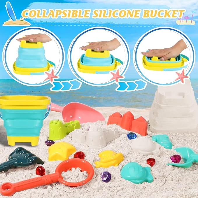 Beach Sand Toys for Kids,Sand toys with 2 Collapsible Beach Bucket,2 Beach Sifter Shovel,Sand Shovel Set,Sand Castle Kit,Sea Animal Molds,Diving Gem Pool Toy,Mesh Bag Travel Toys for Toddler 3-10