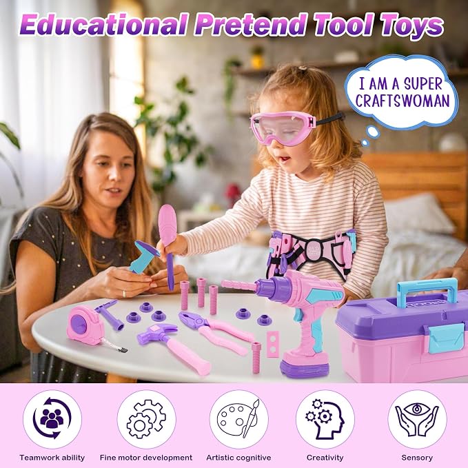 Kids Tool Set, 67 PCS Pink Kids Tool Box for Girls, Electronic Toy Drill&Tape Measure, Pretend Play Girls Toys Construction Tools Kit & Belt, Christmas Birthday Gift Ideas Tool Set Age 3 4 5+