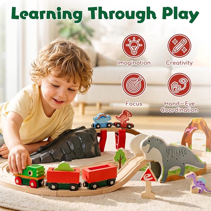 Lehoo Castle Dinosaur Wooden Train Set for Kids Ages 3-7 | Wooden Train Track Set with Dinosaur Crane, Compatible with Most Wooden Tracks, Birthday Gift for Boys and Girls