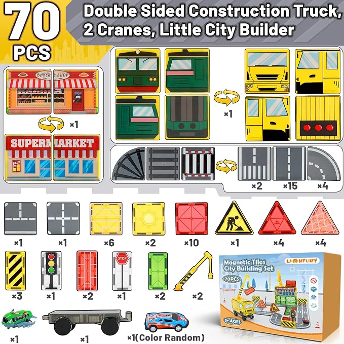 LionFuny 70Pcs Magnetic Tiles Magnetic Building Blocks, Building Toys for Kids Ages 3-5 4-8 8-12 Toddlers STEM Preschool Toy Boys Toys, City Construction Toys Set with 2 Cranes Train Tracks Road Car