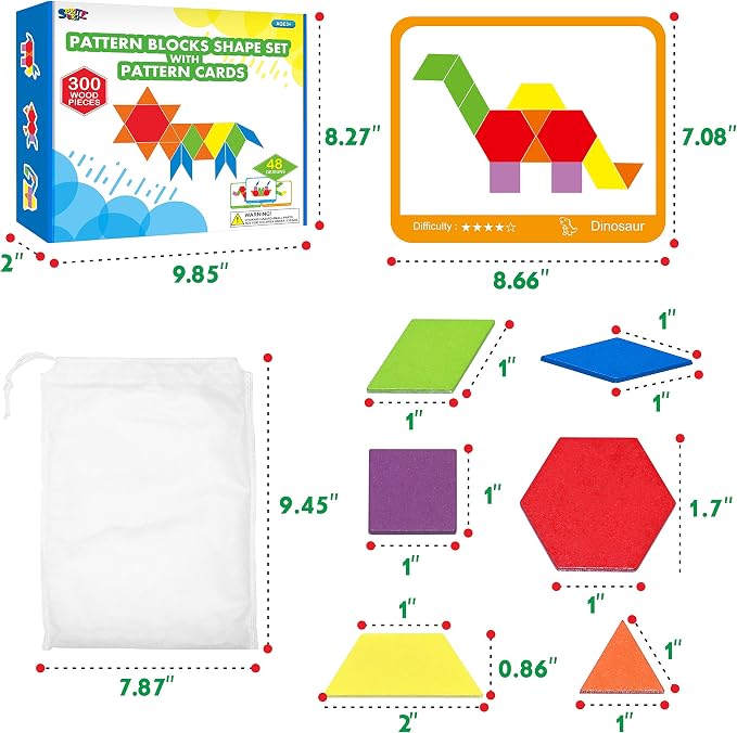 SpriteGru 300 PCS Wooden Pattern Blocks Set for Kids with 24 Double-Sided Design Cards(48 Patterns) and Storage Bag in Gift Box,Fun Montessori Learning Toys