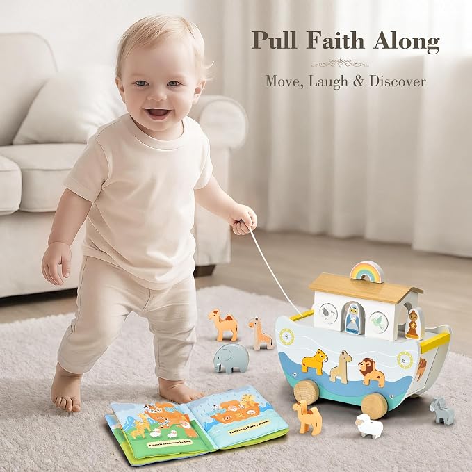 Wooden Noah’s Ark Toy with Book, Baptism Gifts for Boys and Girls | Montessori Toys for 1 Year Old with sorting and pull-along; Christian Baby Toys for Toddlers 1-3; Christmas Birthday Gifts.
