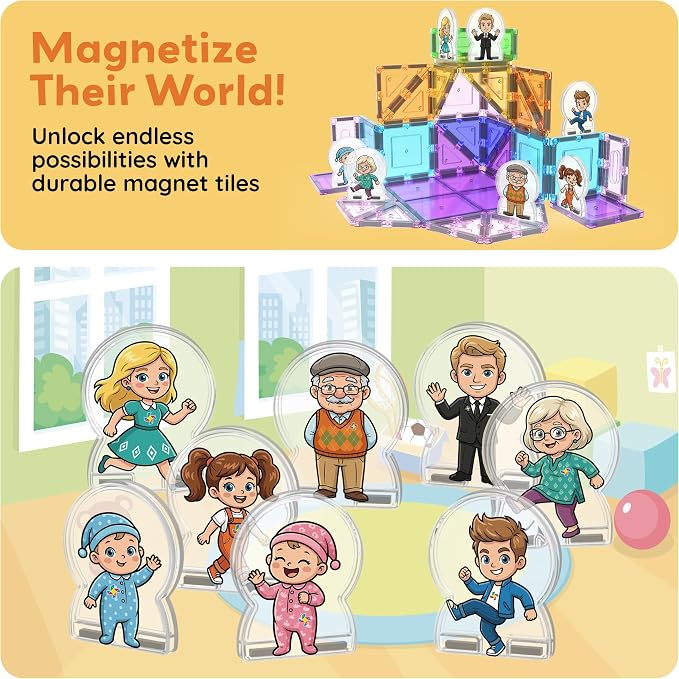 PicassoTiles 8pc Family Character Action Figures Accessory Add On Compatible with Magnet Tile Building Construction Sets STEM Pretend Play Educational Toys for Learning Preschool Kids Ages 3+ PTA110
