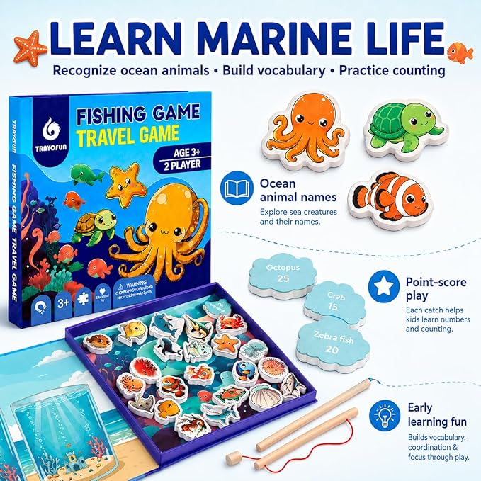 TRAVOFUN Magnetic Fishing Game | Travel Toys for Toddlers 3-5 | Magnetic fishing game with 2 poles and 27 ocean pieces for car rides, airplane activities, long flights, and quiet play.