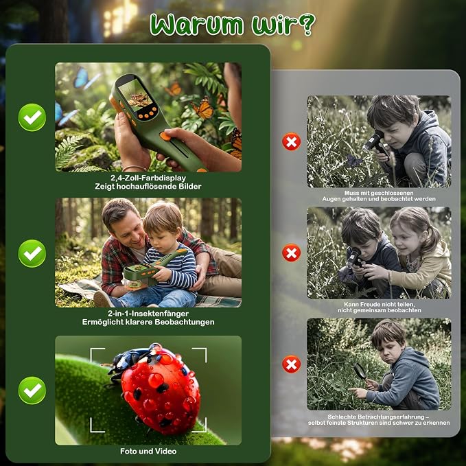 CIMELR Bug Catcher for Kids with 2.4" Screen, 500X Digital Microscope, 1080P Photo/Video, 1000mAh Battery, 8 LED, PC Real-Time Imaging, STEM Nature Toy & Gift for Boys Girls Ages 3-12