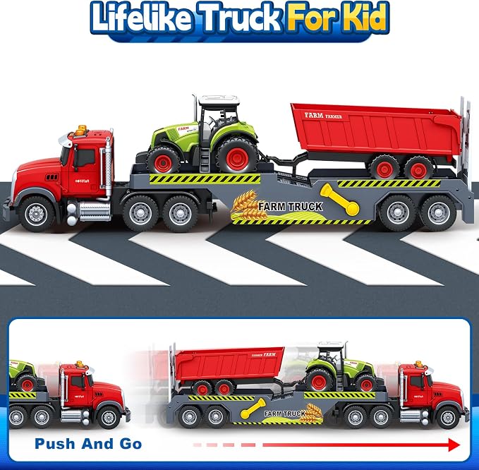 Bstoyder Toddler Boy Toys for 3 4 5 6 7 Years Kids, 21" Semi Flatbed Truck Toy with a Farm Truck, Friction Powered Vehicles Toys with Lights and Sounds, Birthday for Boy Girls
