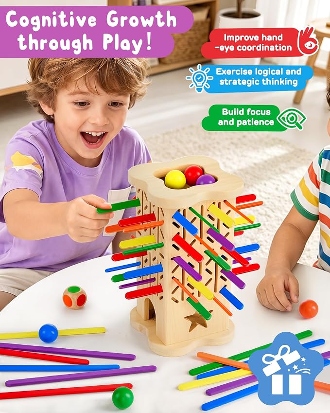 Montessori Wooden Board Game for Kids 3–8, Fine Motor Skills Toy 42 Strips | Color matching, 2 play modes, cognitive growth & family fun — CPC-certified rubberwood, safe gift for boys girls ages 3–8