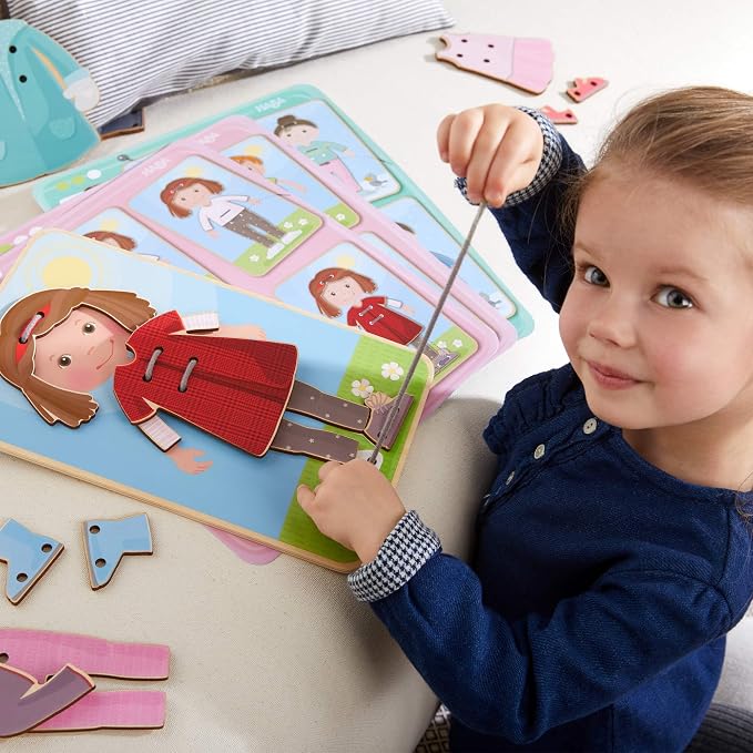 HABA Dress Me Lacing Cards Game - Montessori Fine Motor Skills Toy for Preschool Learning Activities and Kindergarten Toys with 36 Wooden Pieces