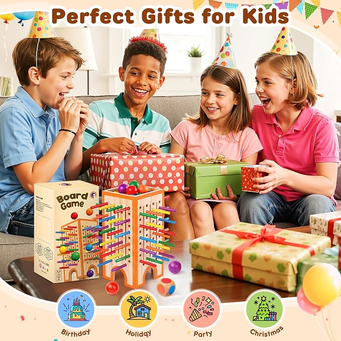 Montessori Board Game for Kids 4-6, 42 Colorful Wooden Sticks Dice Game with 12 Balls, Math & Counting Educational Toy for 3 4 5 6 Year Olds, Fine Motor Skills, Classic Table Game for Family Night