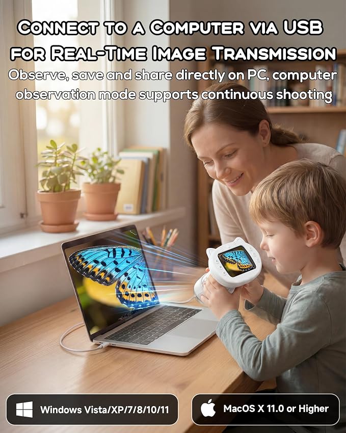 Kids Microscope 1000X Magnification, 4K Digital Handheld Pocket Microscope with 2.4", Rechargeable STEM Learning Science Kit Outdoor Exploration Toy Gift for Children Age 4-12,White