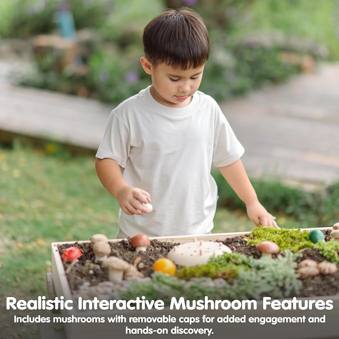 PlanToys® Wooden Play & Pick Mushrooms Toy Kids Garden Learning Playset | wooden mushroom play pick set, montessori imaginative sensory, fine motor coordination, color sorting, garden pretend, kids