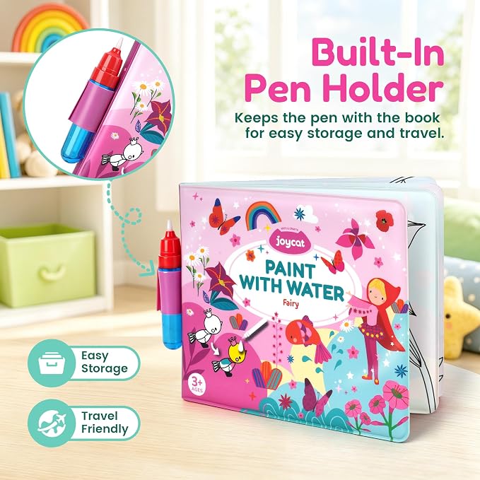 JoyCat Paint with Water Coloring Book for Toddlers, Reusable (Fairy) | Water Coloring Books with Water Pens, No Mess Travel Toy for Kids to Develop Creativity,Educational Learning Kits Gifts