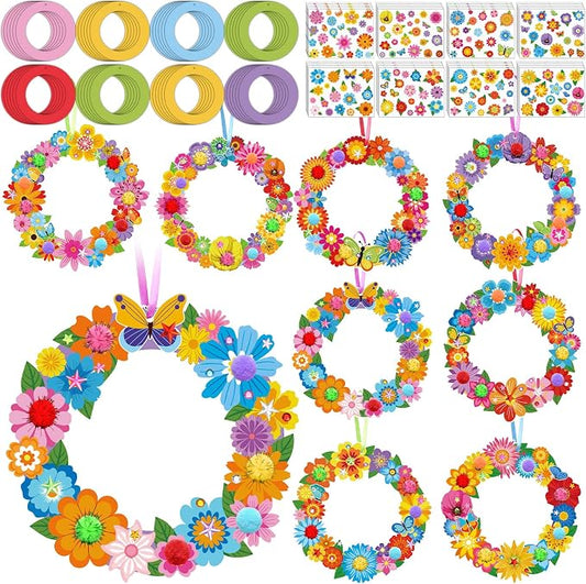 Hollowfly 48 Sets Flower Wreath Craft Kits DIY Wreath Seasonal Activities | Make Your Own Floral Decor, Paper Foam Circles with Stickers, Spring Summer Party Favors Seasonal Craft Activities for Kids